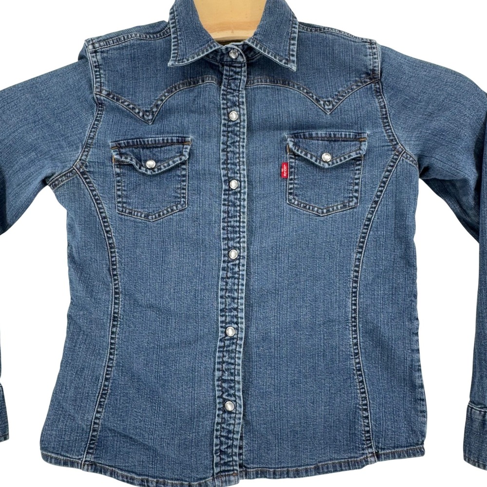 Levi's Western Indigo Shirt Kids XL 16 Blue Denim Pearl Snap Long Sleeve Cowgirl - Picture 4 of 11